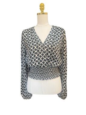 Haver London Blouse Womens Medium Black White Print Smocked Waist Peplum